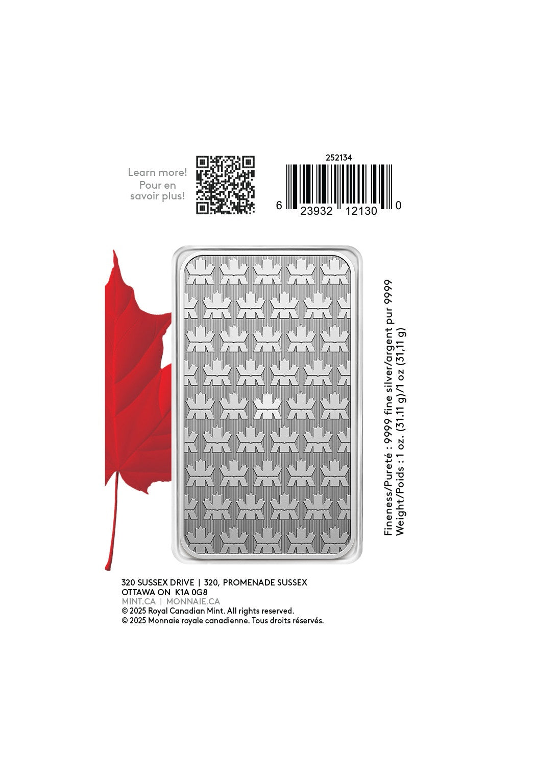 1 Oz. 99.99% Pure Silver Bar In Proudly Canadian Packaging (Premium Bullion) 2025 (252134)