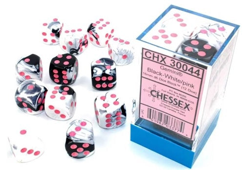 Gemini 12 * D6 Black-White / Pink 16mm Chessex Dice (CHX30044)
