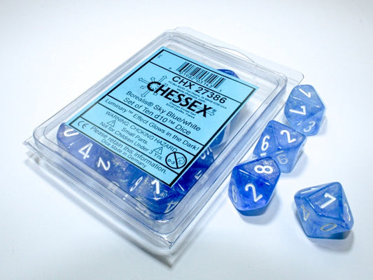 Borealis 10 * D10 Sky Blue / White Luminary Chessex Dice (CHX27386)