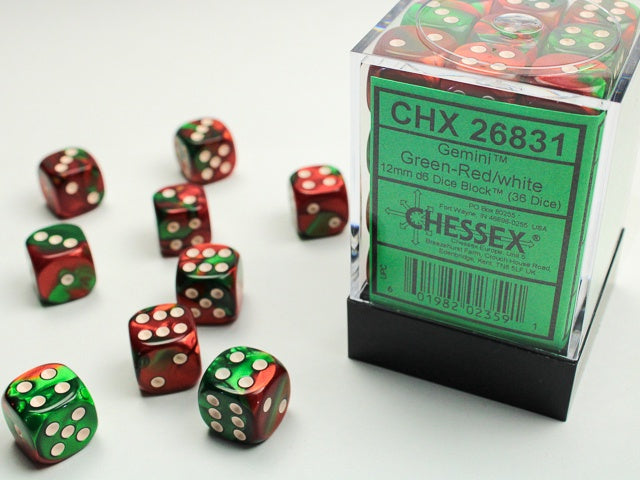 Gemini 36 * D6 Green-Red / White 12mm Chessex Dice (CHX26831*)