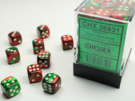 Gemini 36 * D6 Green-Red / White 12mm Chessex Dice (CHX26831*)