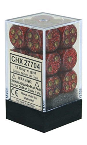 Glitter 12 * D6 Ruby / Gold 16mm Chessex Dice (CHX27704)