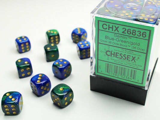 Gemini 36 * D6 Blue-Green / Gold 12mm Chessex Dice (CHX26836)
