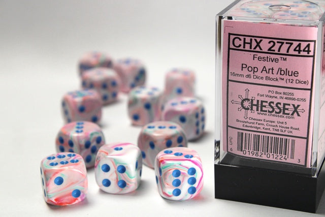 Festive 12 * D6 Pop-Art / Blue 16mm Chessex Dice (CHX27744)
