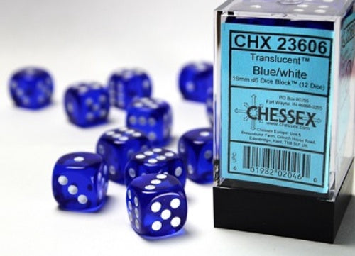 Translucent 12 * D6 Blue / White 16mm Chessex Dice (CHX23606)