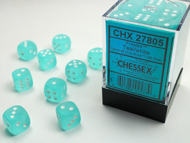 Frosted 36 * D6 Teal / White 12mm Chessex Dice (CHX27805)