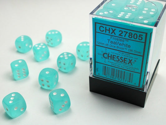 Frosted 36 * D6 Teal / White 12mm Chessex Dice (CHX27805)