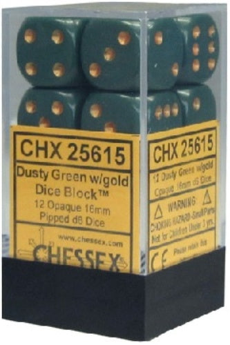 Opaque 12 * D6 Dusty Green / Copper 16mm Chessex Dice (CHX25615)
