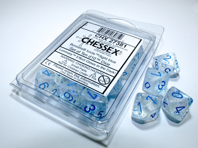 Borealis 10 * D10 Icicle / Light Blue Luminary Chessex Dice (CHX27381)
