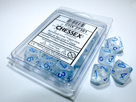 Borealis 10 * D10 Icicle / Light Blue Luminary Chessex Dice (CHX27381)