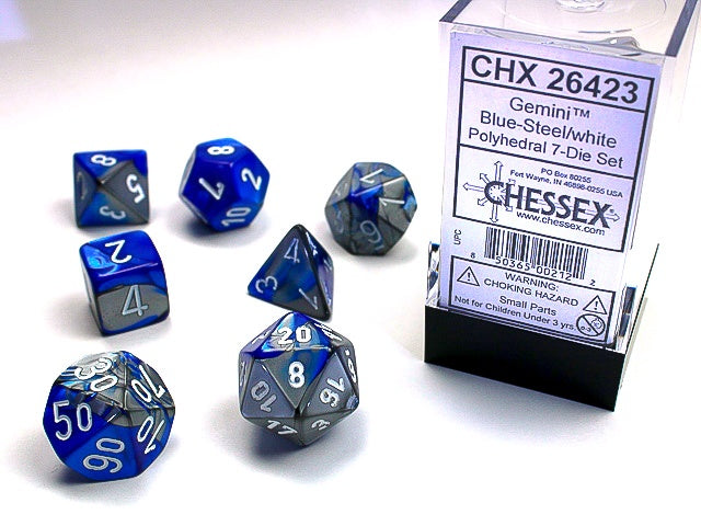 Gemini 7-Die Set Blue-Steel / White Chessex Dice (CHX26423)
