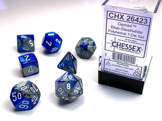 Gemini 7-Die Set Blue-Steel / White Chessex Dice (CHX26423)