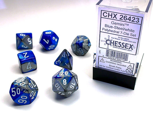 Gemini 7-Die Set Blue-Steel / White Chessex Dice (CHX26423)