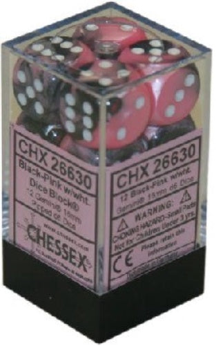 Gemini 12 * D6 Black-Pink / White 16mm Chessex Dice (CHX26630)