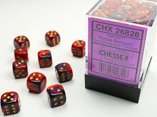 Gemini 36 * D6 Purple-Red / Gold 12mm Chessex Dice (CHX26826)