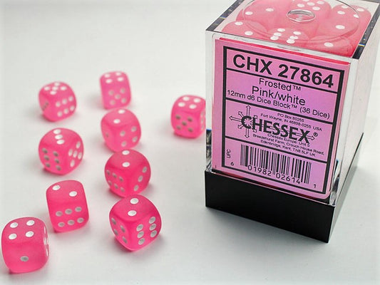 Frosted 36 * D6 Pink / White 12mm Chessex Dice (CHX27864)