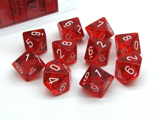 Translucent 10 * D10 Red / White - New Version Chessex Dice (CHX23274)
