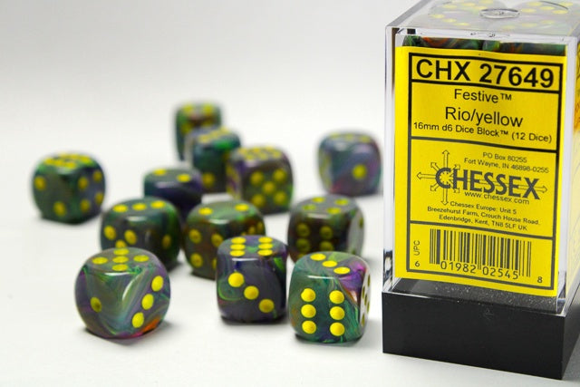 Festive 12 * D6 Rio W / Yellow 16mm Chessex Dice (CHX27649)