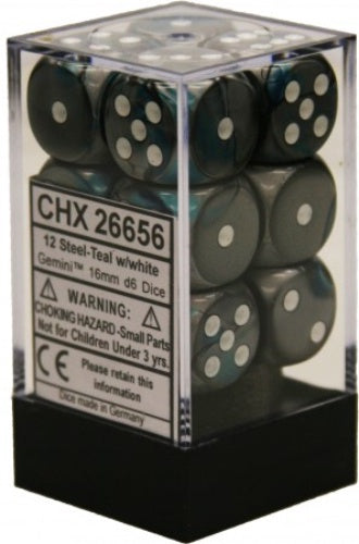Gemini 12 * D6 Steel-Teal / White 16mm Chessex Dice (CHX26656)