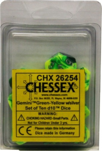 Gemini 10 * D10 Green-Yellow / Silver Chessex Dice (CHX26254)