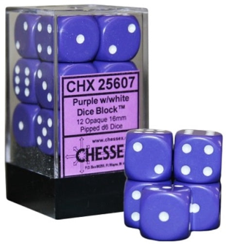 Opaque 12 * D6 Purple / White 16mm Chessex Dice (CHX25607)