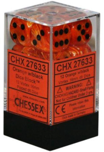 Vortex 12 * D6 Orange / Black 16mm Chessex Dice (CHX27633)