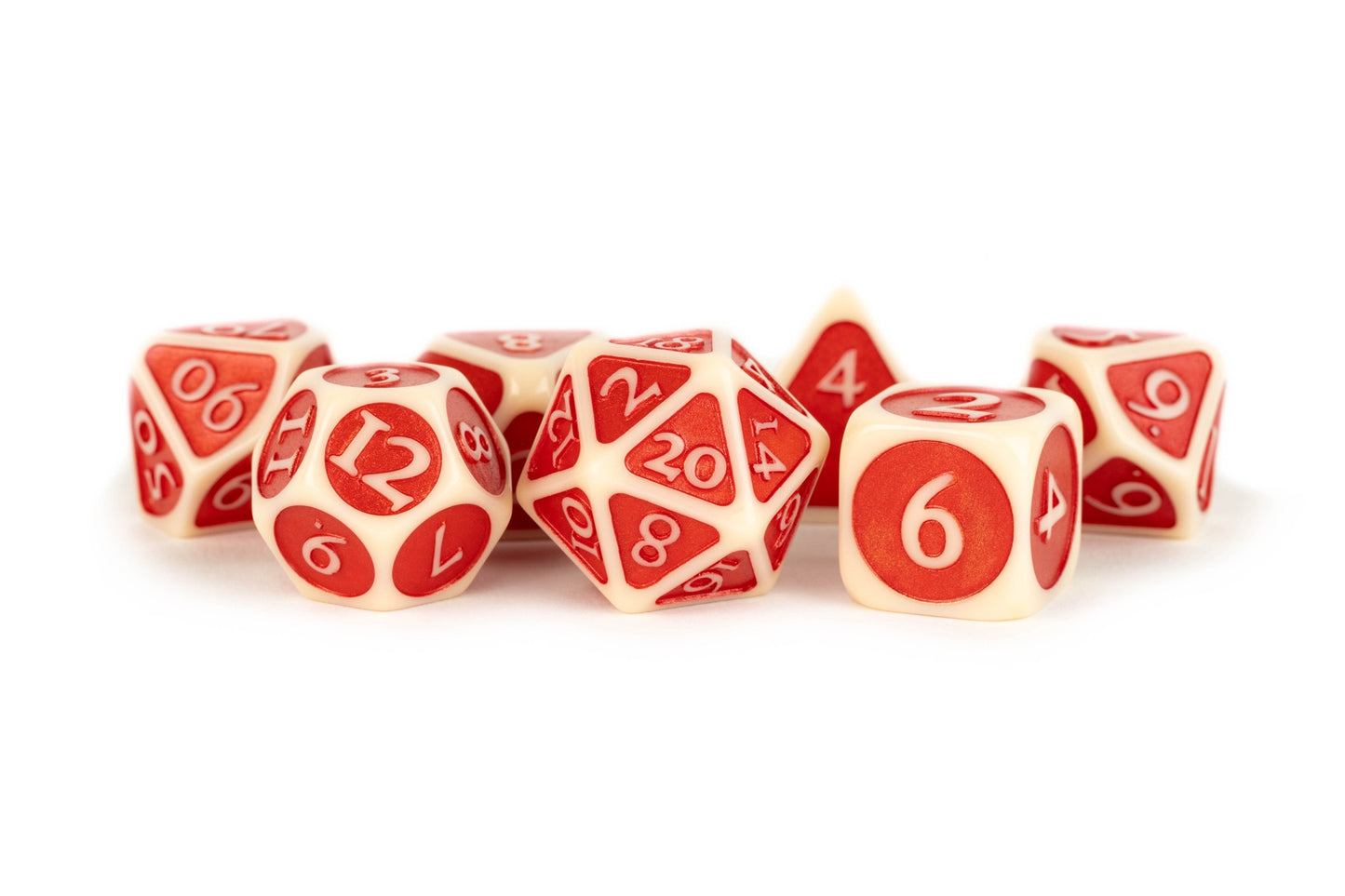 Enamel Acrylic 7 Dice Set Ivory W/ Red 16mm