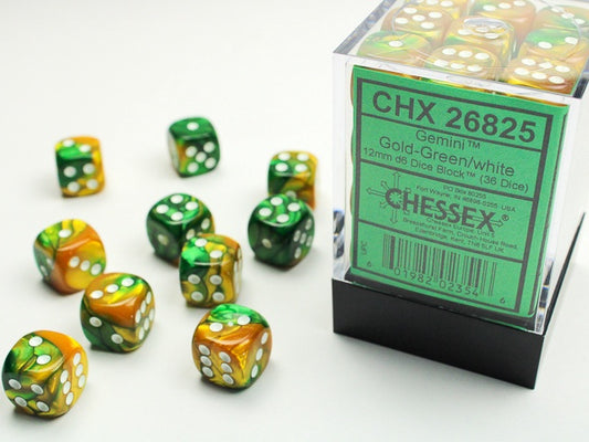 Gemini 36 * D6 Gold-Green / White 12mm Chessex Dice (CHX26825)