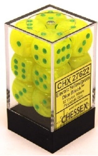 Vortex 12 * D6 Electric Yellow / Green 16mm Chessex Dice (CHX27622)