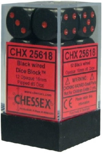 Opaque 12 * D6 Black / Red 16mm Chessex Dice (CHX25618)