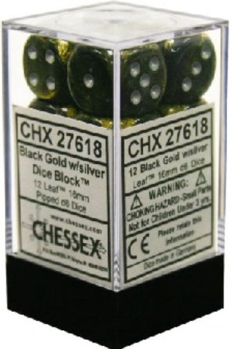 Leaf 12 * D6 Black Gold / Silver 16mm Chessex Dice (CHX27618)