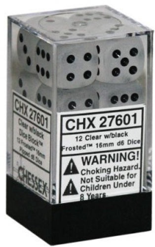 Frosted 12 * D6 Clear / Black 16mm Chessex Dice (CHX27601)