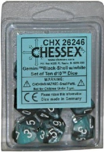 Gemini 10 * D10 Black-Shell /  White Chessex Dice (CHX26246)