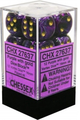 Vortex 12 * D6 Purple / Gold 16mm Chessex Dice (CHX27637)