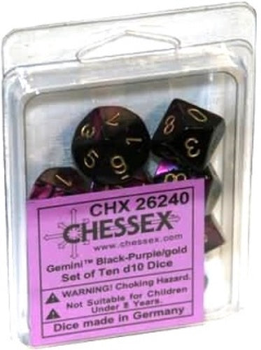 Gemini 10 * D10 Black-Purple / Gold Chessex Dice (CHX26240)