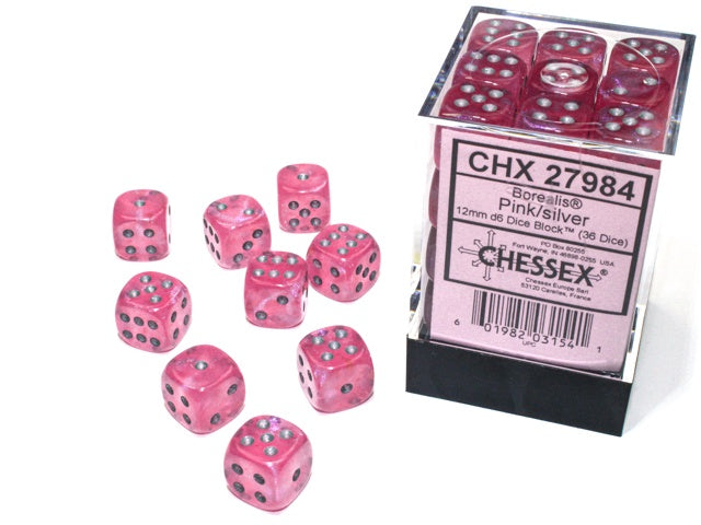 Borealis 36 * D6 Pink / Silver 12mm Luminary Chessex Dice (CHX27984)
