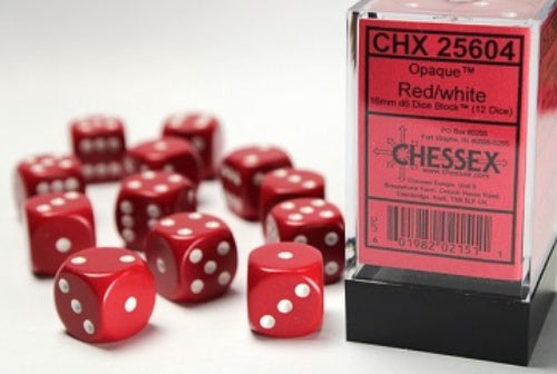 Opaque 12 * D6 Red / White 16mm Chessex Dice (CHX25604)