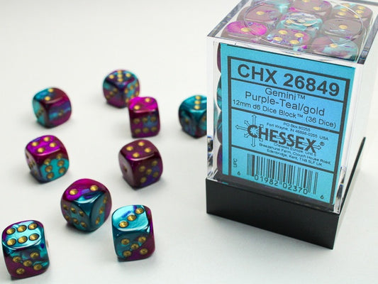 Gemini 36 * D6 Purple-Teal / Gold 12mm Chessex Dice (CHX26849)