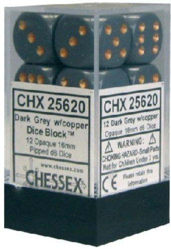 Opaque 12 * D6 Dark Grey / Copper 16mm Chessex Dice (CHX25620)