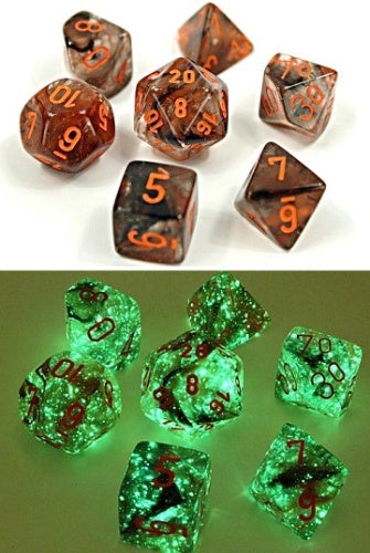 Nebula 7-Die Set Copper Matrix / Orange Luminary Chessex Dice (CHX30040)