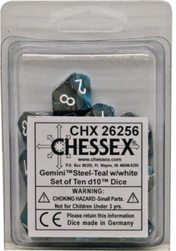 Gemini 10 * D10 Steel-Teal / White Chessex Dice (CHX26256)