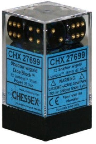 Lustrous 12 * D6 Shadow / Gold 16mm Chessex Dice (CHX27699)