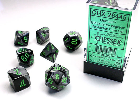 Gemini 7-Die Set Black-Grey / Green Chessex Dice (CHX26445)