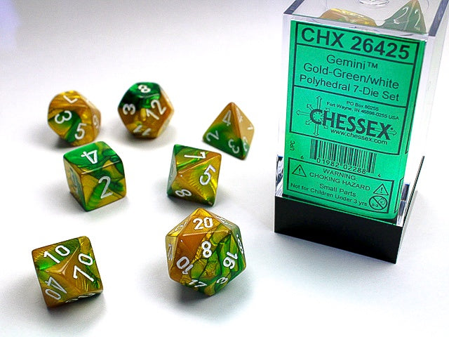 Gemini 7-Die Set Gold-Green / White Chessex Dice (CHX26425)