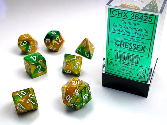 Gemini 7-Die Set Gold-Green / White Chessex Dice (CHX26425)