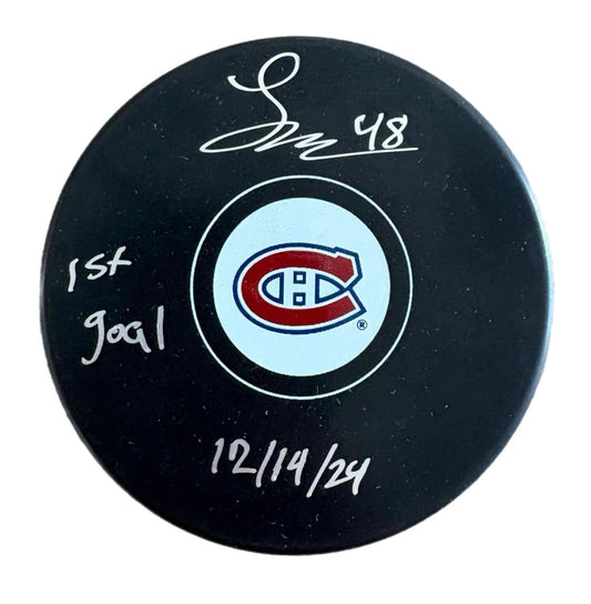 Lane Hutson Autographed & Inscribed Puck - Logo