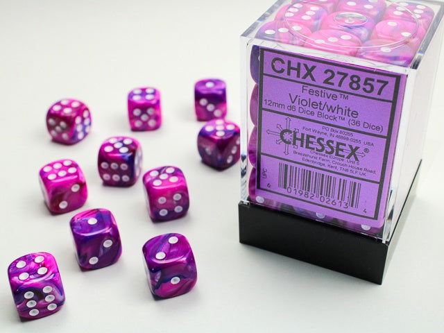 Festive 36 * D6 Violet / White 12mm Chessex Dice (CHX27857)