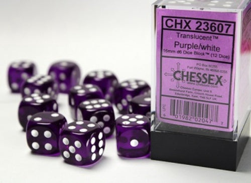 Translucent 12 * D6 Purple / White 16mm Chessex Dice (CHX23607)