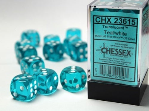 Translucent 12 * D6 Teal / White 16mm Chessex Dice (CHX23615)