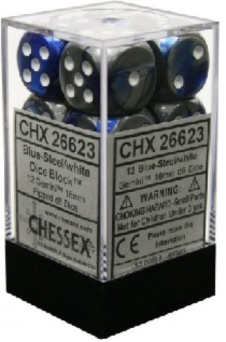 Gemini 12 * D6 Blue-Steel / White 16mm Chessex Dice (CHX26623)